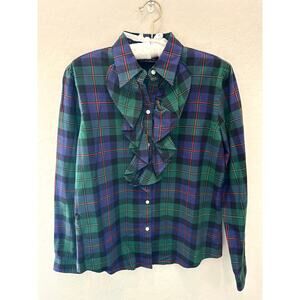 🆕 AMERICAN LIVING | Green Plaid Tuxedo Ruffle Classic Long Sleeve Blouse |Small